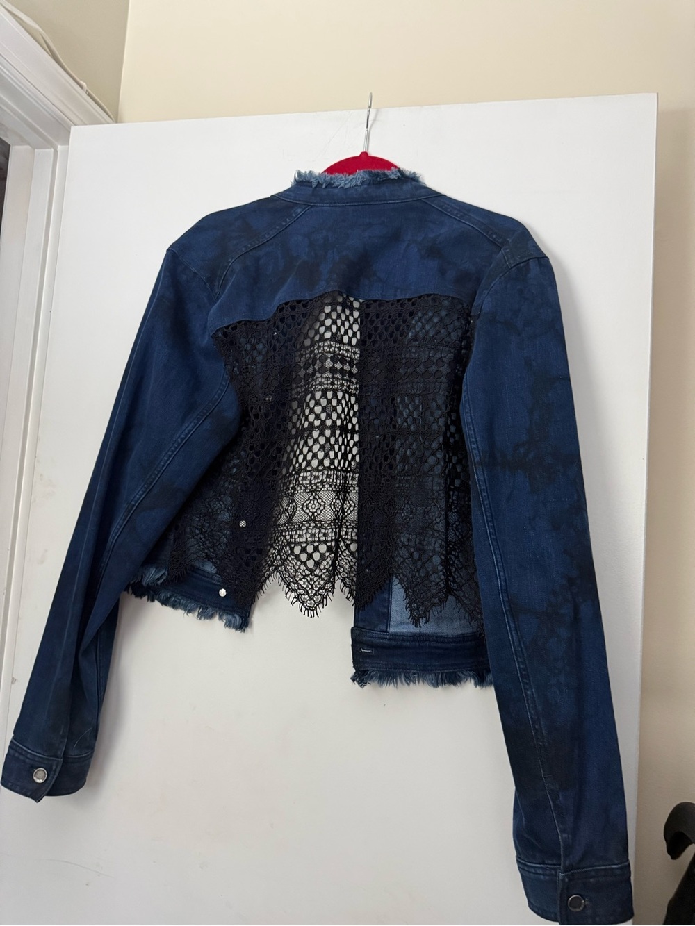 Elie Tahari Navy Denim Jacket with Black Lace Back Panel